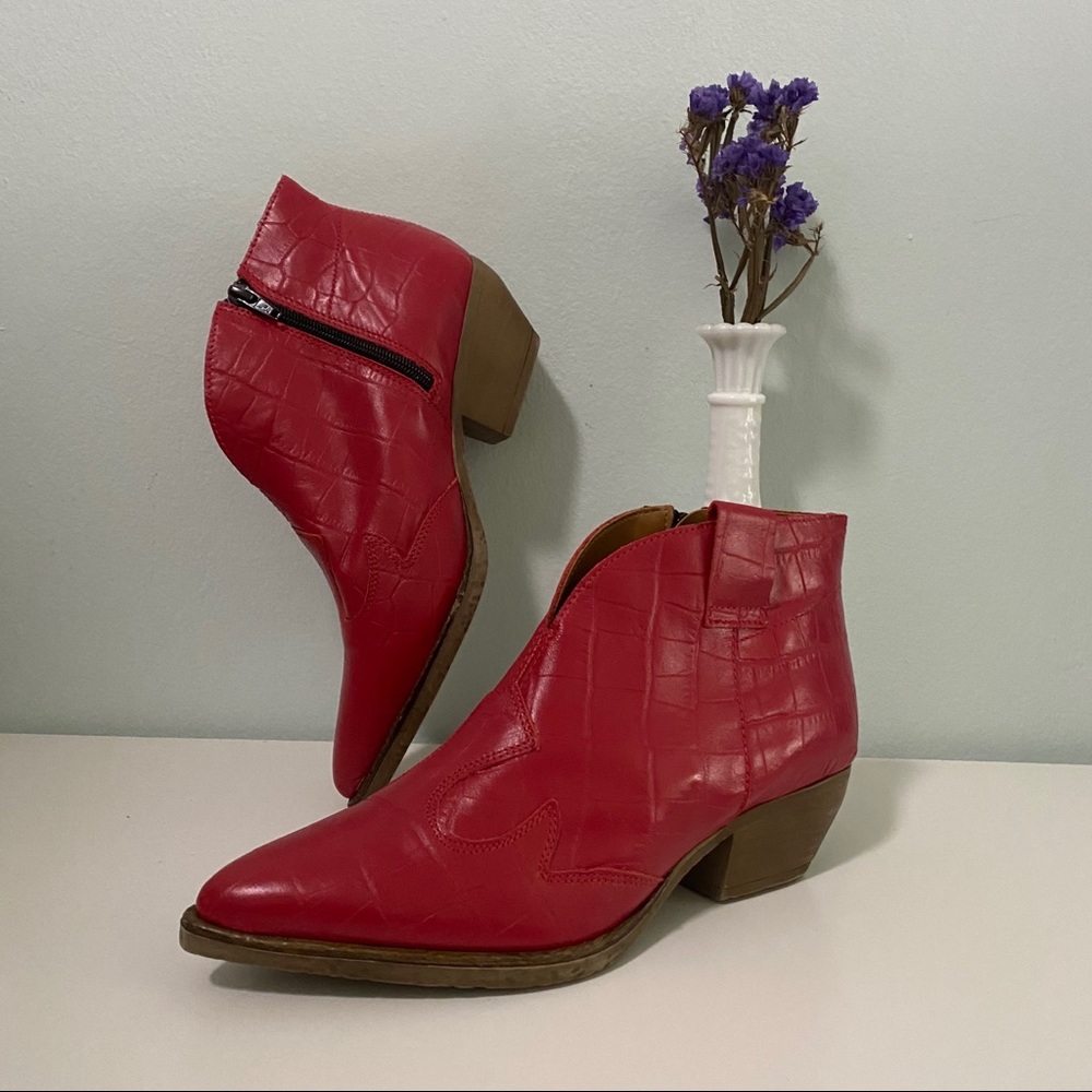 Gabriella Red Leather Booties Croc-embossed